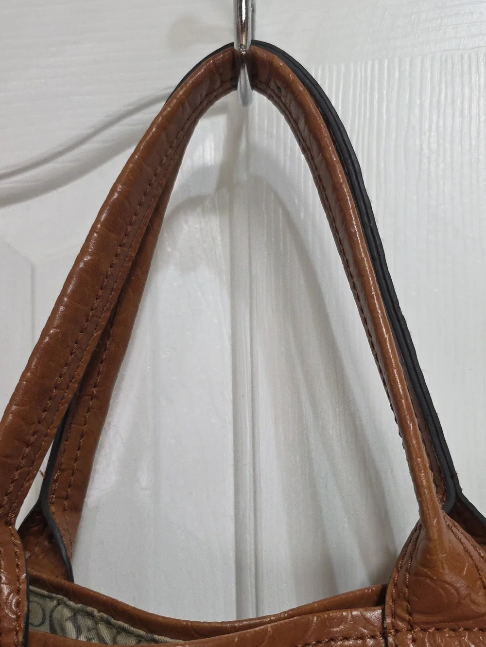 Guess Signature Embossed Leather Tote Bag in Cognac Brown
